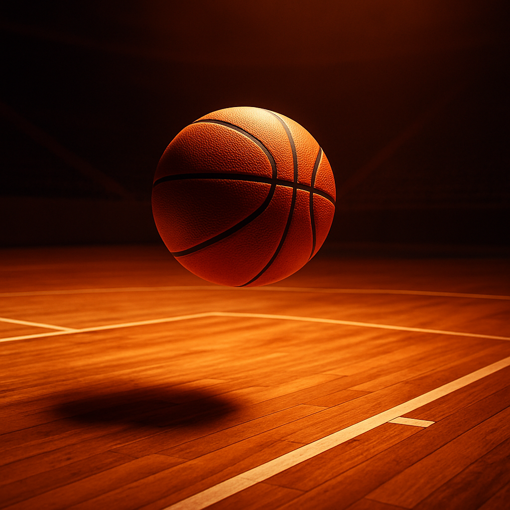 Pallone da basket in volo sopra il parquet